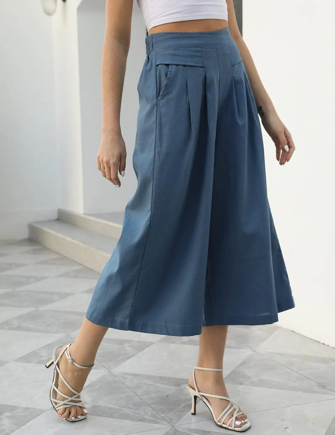 Gihuo Women' s Culottes Linen Blend Wide Leg Pants Elastic Waist Casual Palazzo Trousers with Pockets Capris