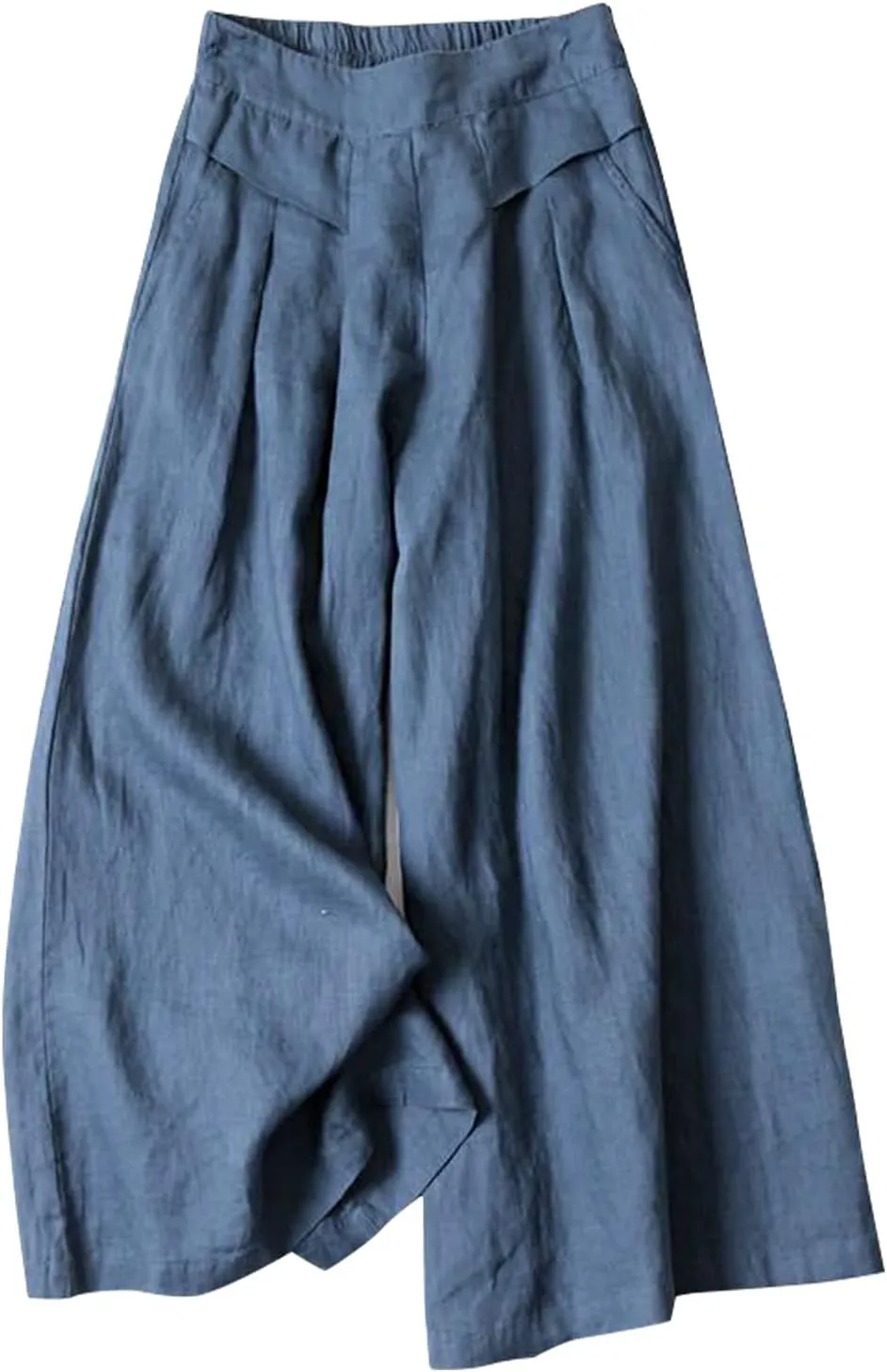 Gihuo Women' s Culottes Linen Blend Wide Leg Pants Elastic Waist Casual Palazzo Trousers with Pockets Capris