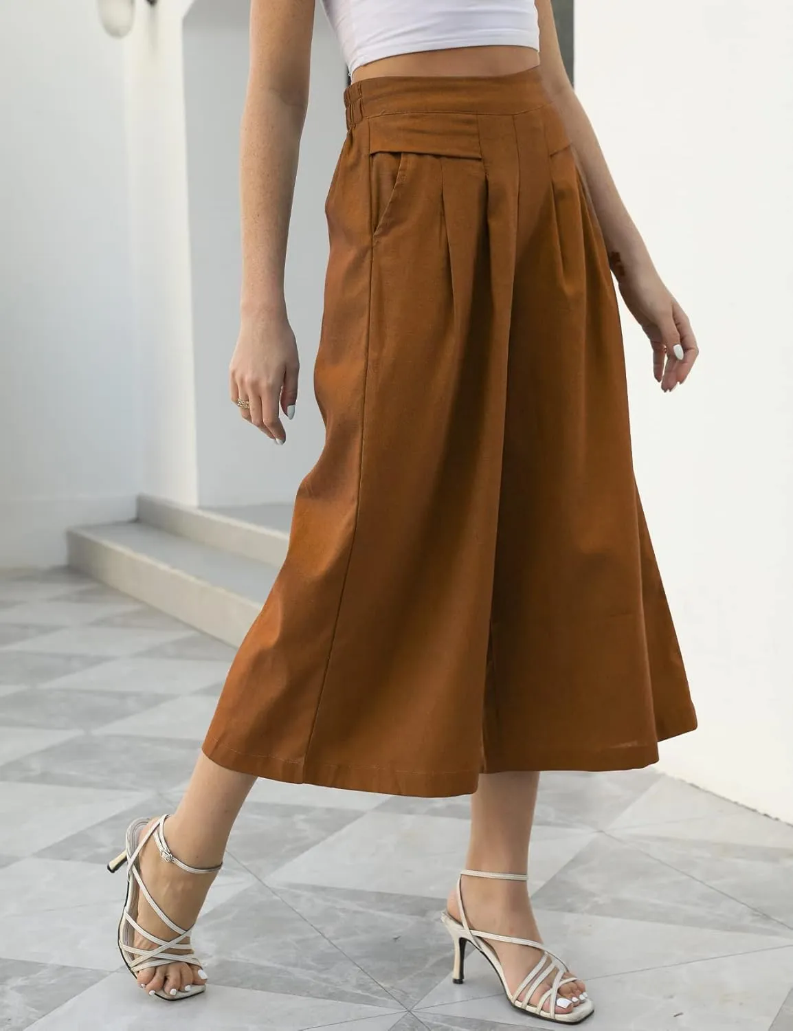 Gihuo Women' s Culottes Linen Blend Wide Leg Pants Elastic Waist Casual Palazzo Trousers with Pockets Capris