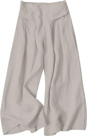 Gihuo Women' s Culottes Linen Blend Wide Leg Pants Elastic Waist Casual Palazzo Trousers with Pockets Capris