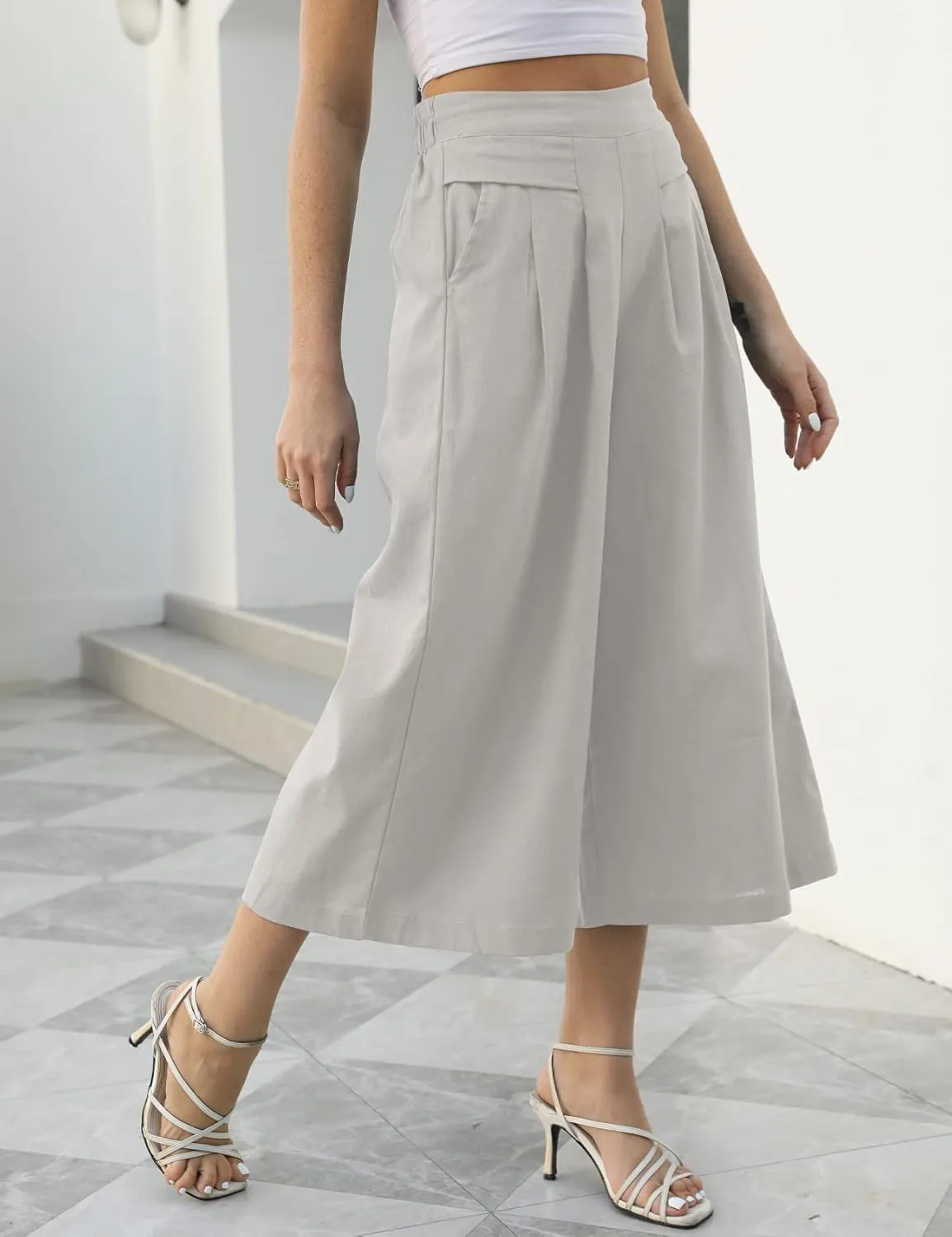 Gihuo Women' s Culottes Linen Blend Wide Leg Pants Elastic Waist Casual Palazzo Trousers with Pockets Capris