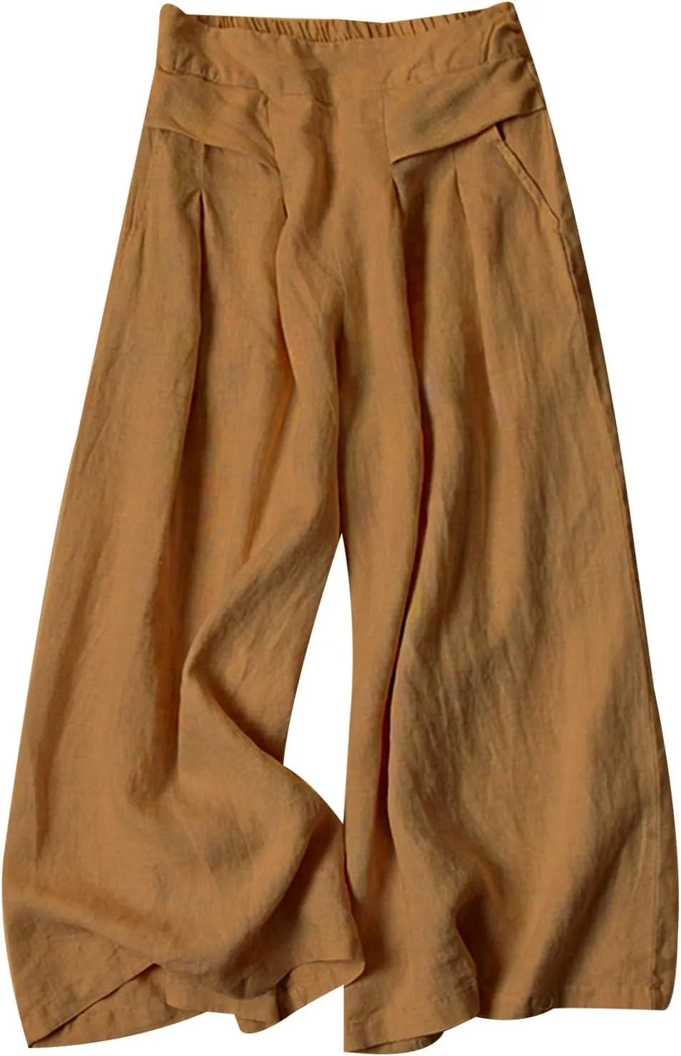 Gihuo Women' s Culottes Linen Blend Wide Leg Pants Elastic Waist Casual Palazzo Trousers with Pockets Capris