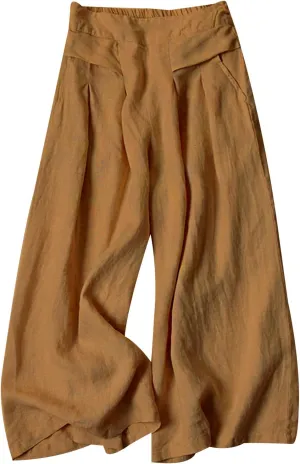 Gihuo Women' s Culottes Linen Blend Wide Leg Pants Elastic Waist Casual Palazzo Trousers with Pockets Capris