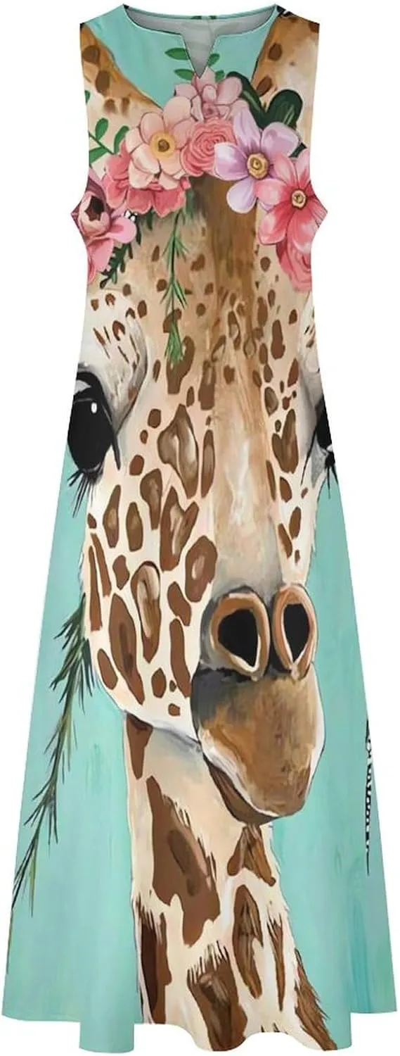 Giraffe Dresses Womans Short Sleeve Summer Dress Waisted Shirtdress V Neck Casual Singlet Swing Beach Dress