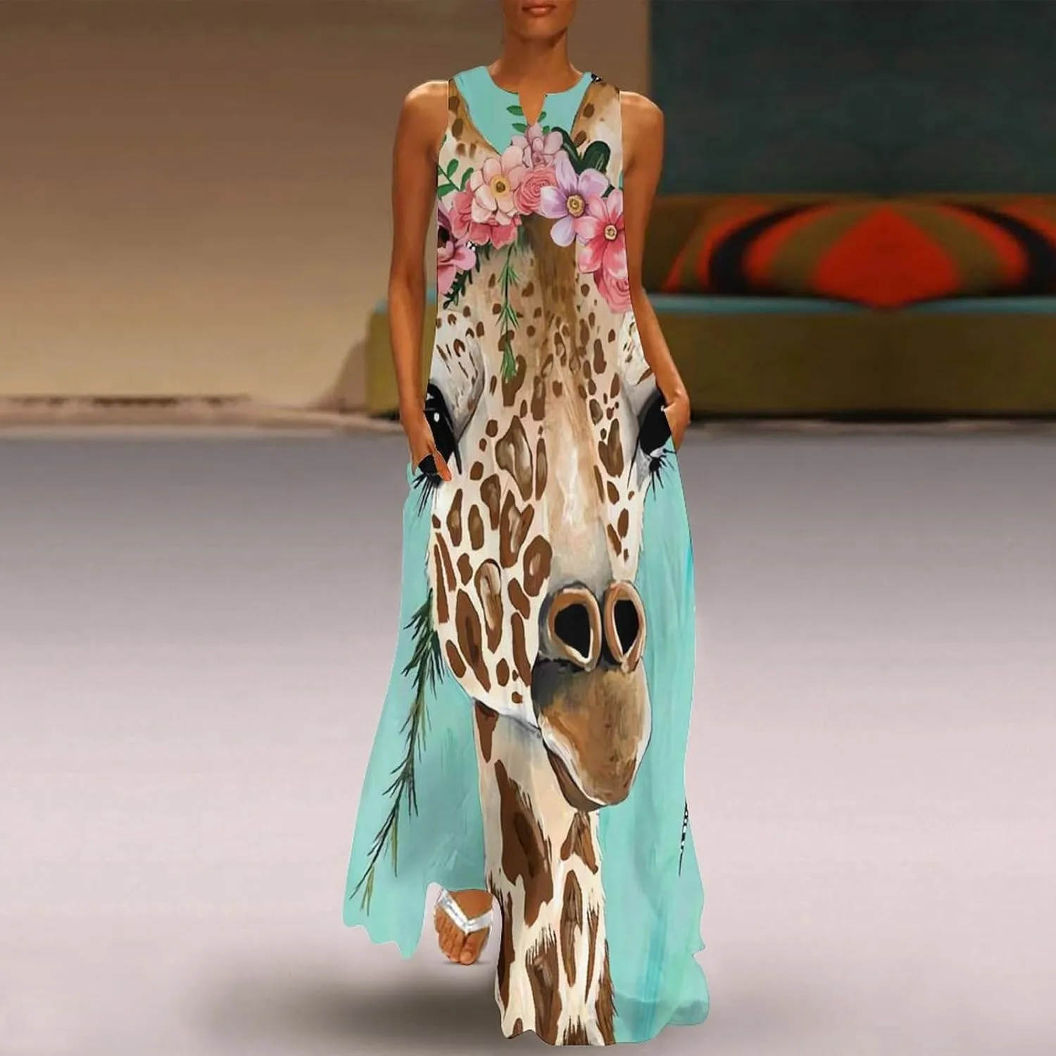 Giraffe Dresses Womans Short Sleeve Summer Dress Waisted Shirtdress V Neck Casual Singlet Swing Beach Dress