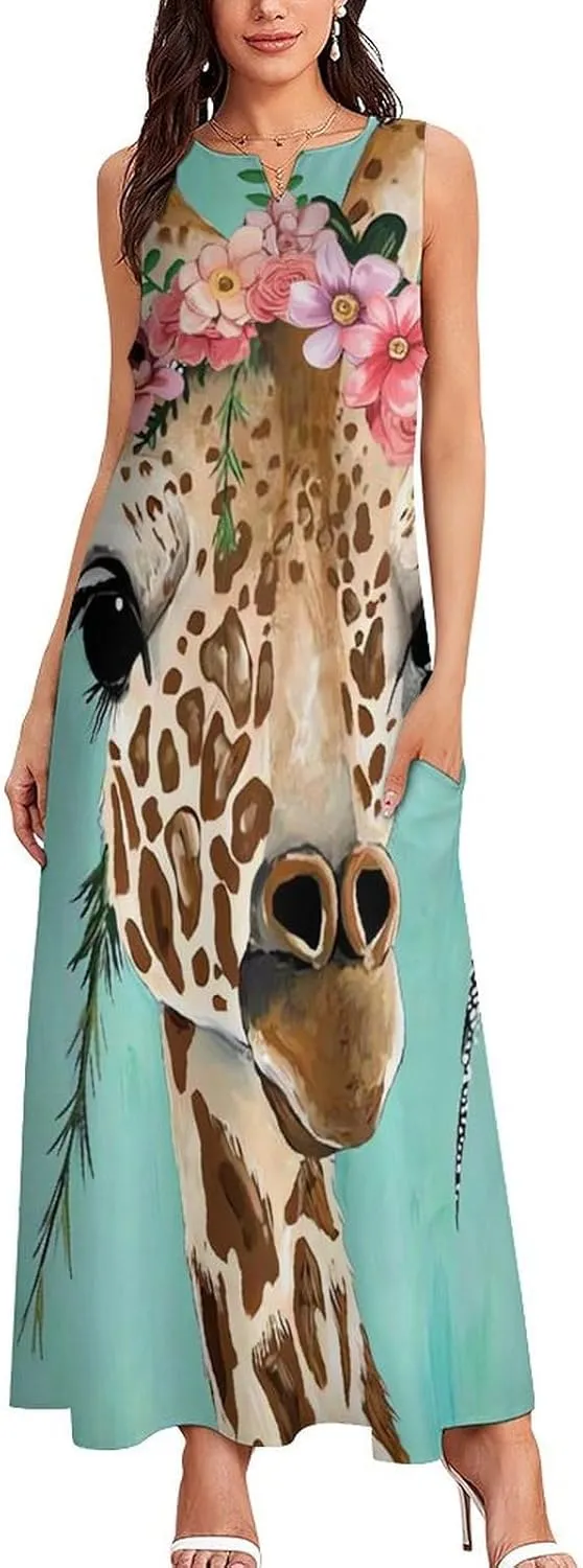 Giraffe Dresses Womans Short Sleeve Summer Dress Waisted Shirtdress V Neck Casual Singlet Swing Beach Dress