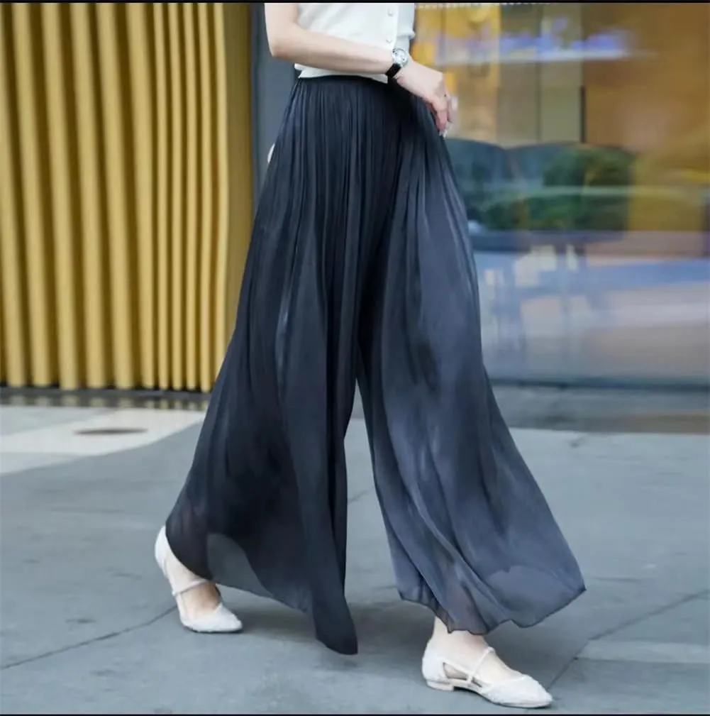Glazed Ice Silk Floor-Length Wide-Leg Culottes, Women Thin Casual Chiffon Trousers,Women Thin Casual Chiffon Trousers