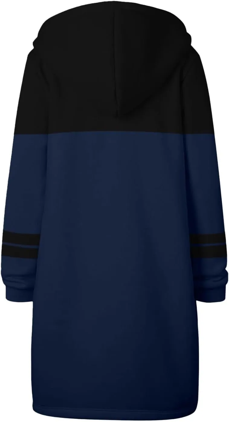 GOFULY Hooded For Women Full Zip Knee Length Tunic Sweatshirt Dresses Fleece Fall Jackets Long Sleeve Solid Clothes Pockets