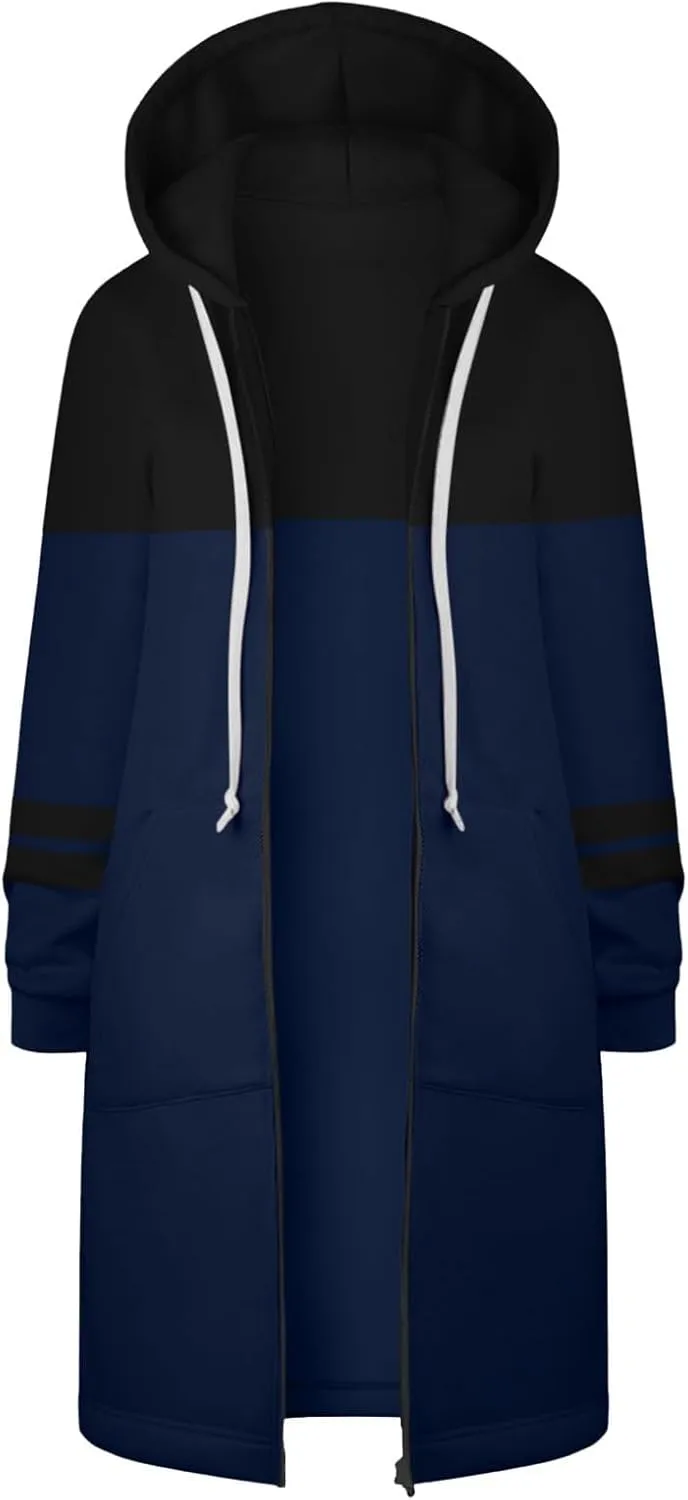 GOFULY Hooded For Women Full Zip Knee Length Tunic Sweatshirt Dresses Fleece Fall Jackets Long Sleeve Solid Clothes Pockets