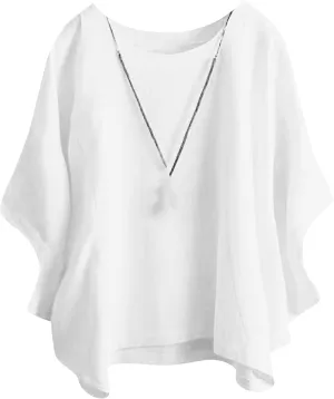 GORIFE Women's Casual Crew Neck Batwing 3/4 Short Sleeve Loose Tunic Pullover Summer Solid Color Cotton Linen T-shirt Tunic
