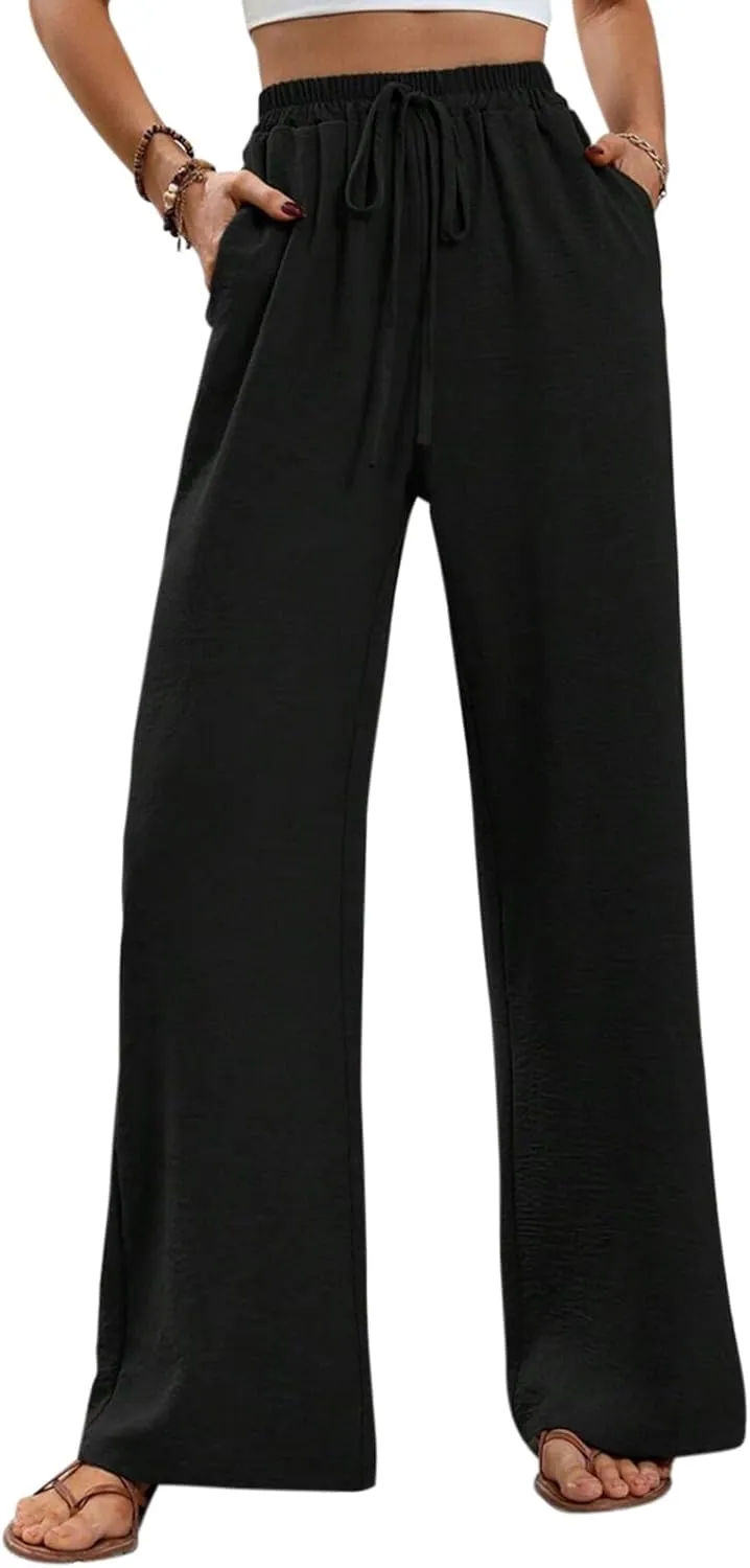 GUOLEZEEV Women Wide Leg Pants High Waisted Beach Pants Long Culottes Trendy Flowy Pants with Pockets