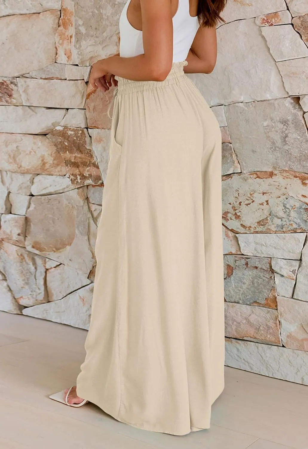 GUOLEZEEV Women Wide Leg Pants High Waisted Beach Pants Long Culottes Trendy Flowy Pants with Pockets