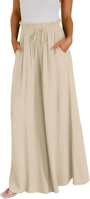 GUOLEZEEV Women Wide Leg Pants High Waisted Beach Pants Long Culottes Trendy Flowy Pants with Pockets