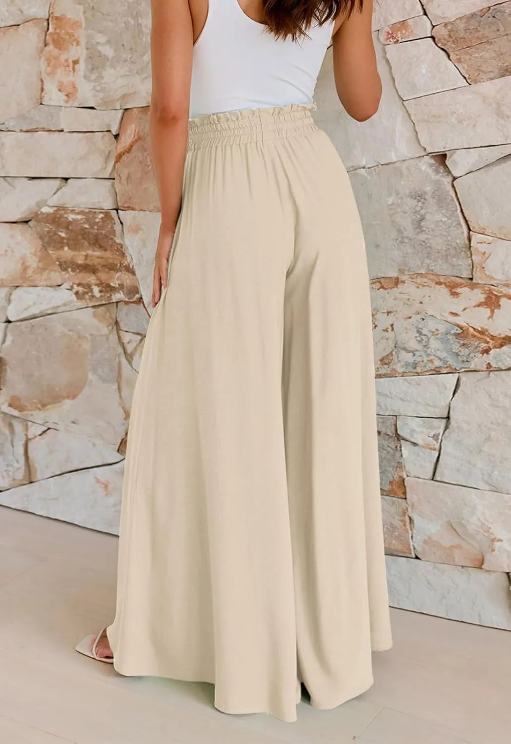 GUOLEZEEV Women Wide Leg Pants High Waisted Beach Pants Long Culottes Trendy Flowy Pants with Pockets