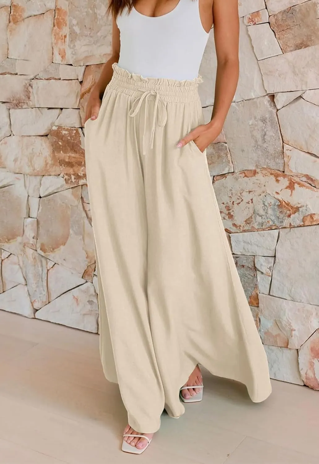 GUOLEZEEV Women Wide Leg Pants High Waisted Beach Pants Long Culottes Trendy Flowy Pants with Pockets