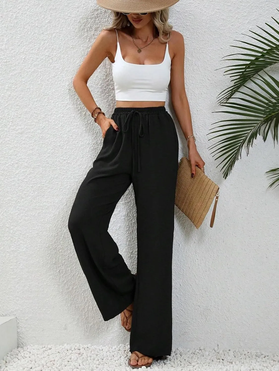 GUOLEZEEV Women Wide Leg Pants High Waisted Beach Pants Long Culottes Trendy Flowy Pants with Pockets