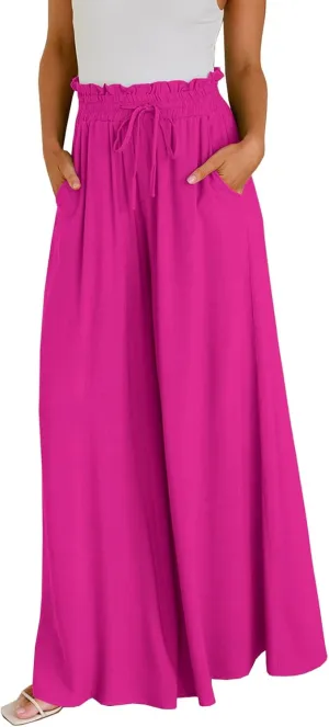 GUOLEZEEV Women Wide Leg Pants High Waisted Beach Pants Long Culottes Trendy Flowy Pants with Pockets