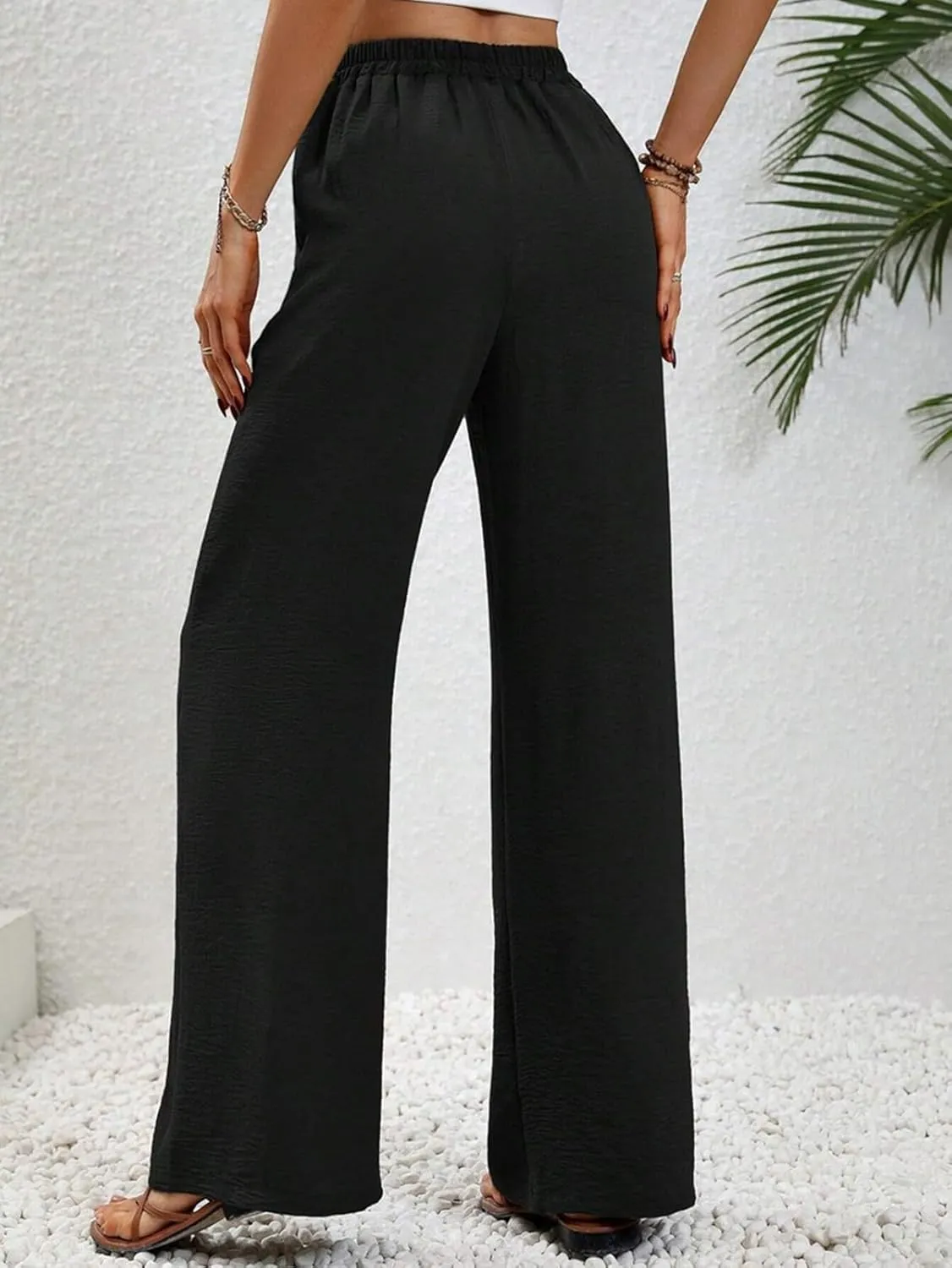 GUOLEZEEV Women Wide Leg Pants High Waisted Beach Pants Long Culottes Trendy Flowy Pants with Pockets