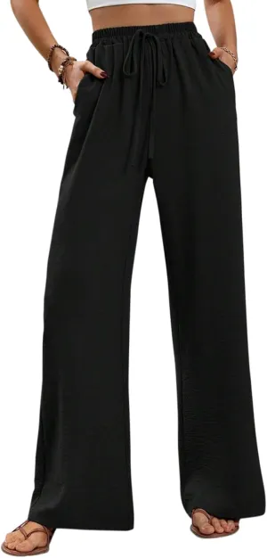 GUOLEZEEV Women Wide Leg Pants High Waisted Beach Pants Long Culottes Trendy Flowy Pants with Pockets