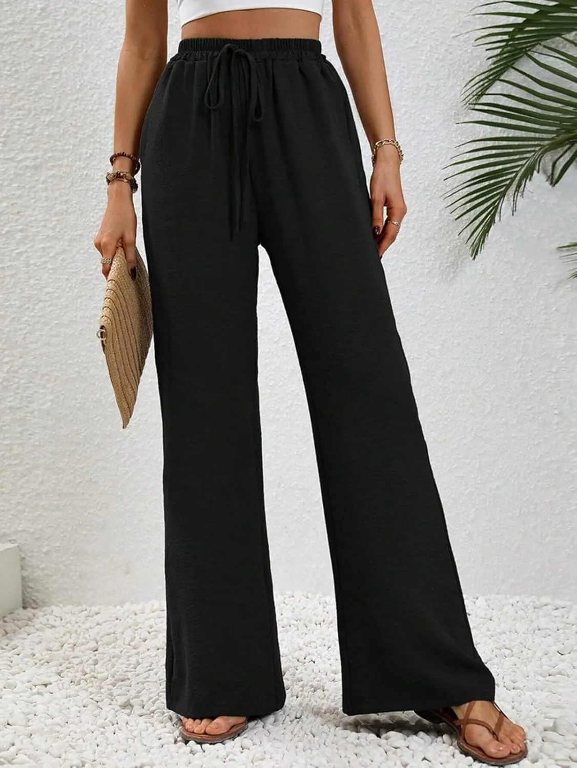 GUOLEZEEV Women Wide Leg Pants High Waisted Beach Pants Long Culottes Trendy Flowy Pants with Pockets