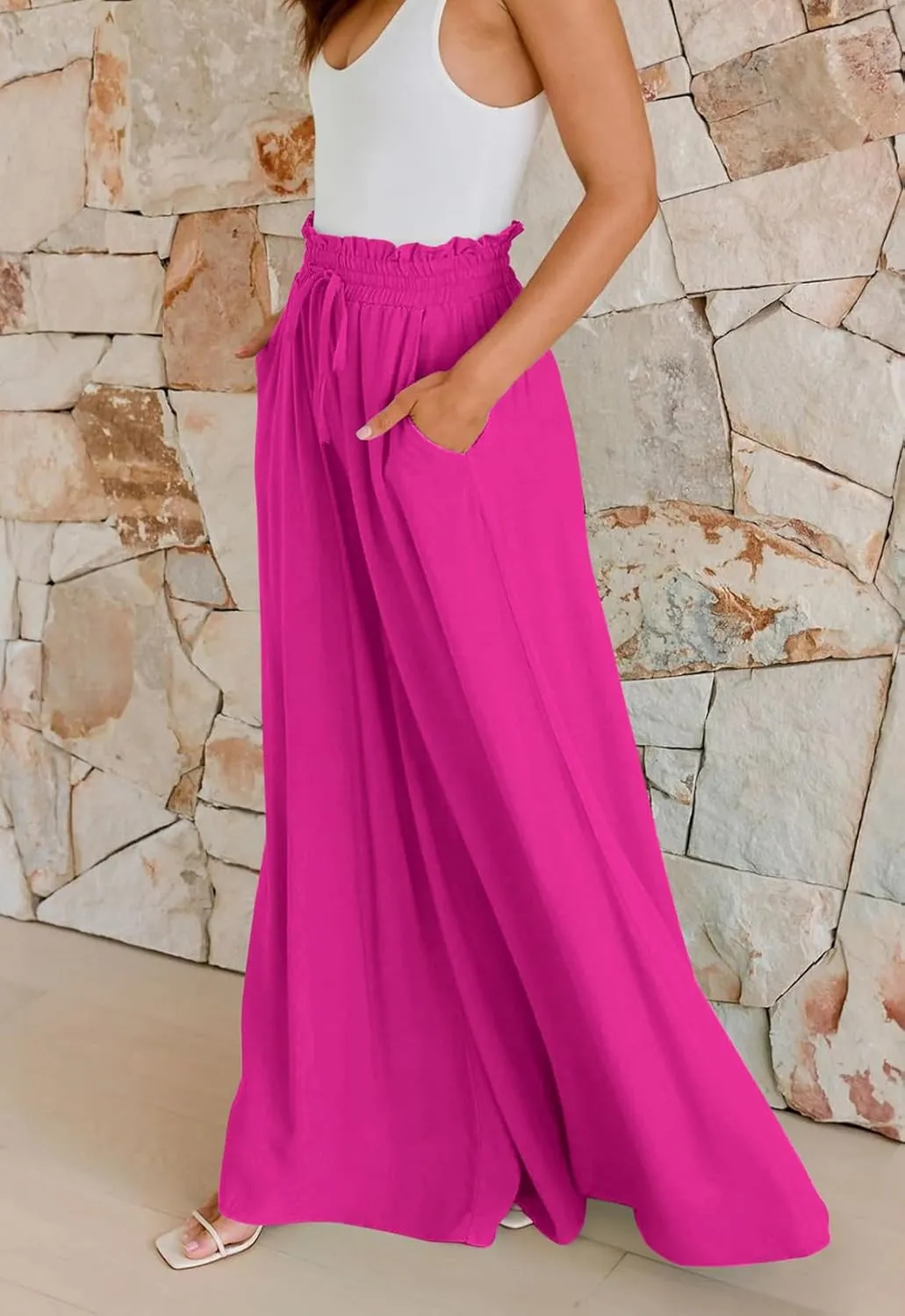GUOLEZEEV Women Wide Leg Pants High Waisted Beach Pants Long Culottes Trendy Flowy Pants with Pockets