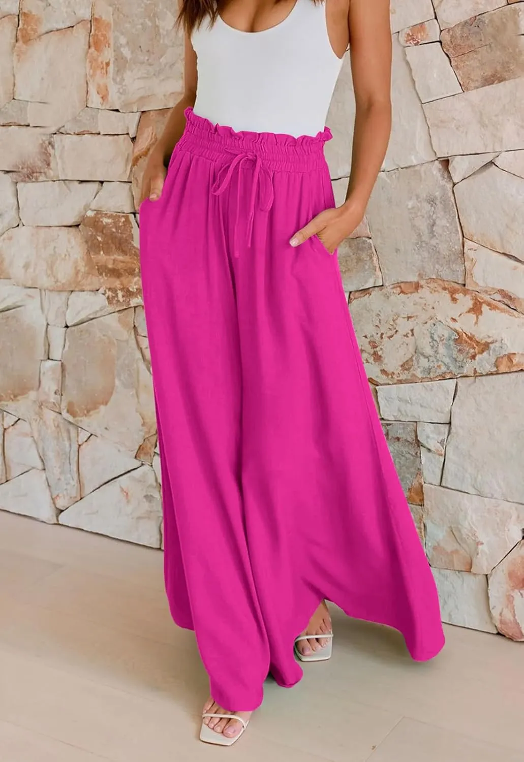 GUOLEZEEV Women Wide Leg Pants High Waisted Beach Pants Long Culottes Trendy Flowy Pants with Pockets