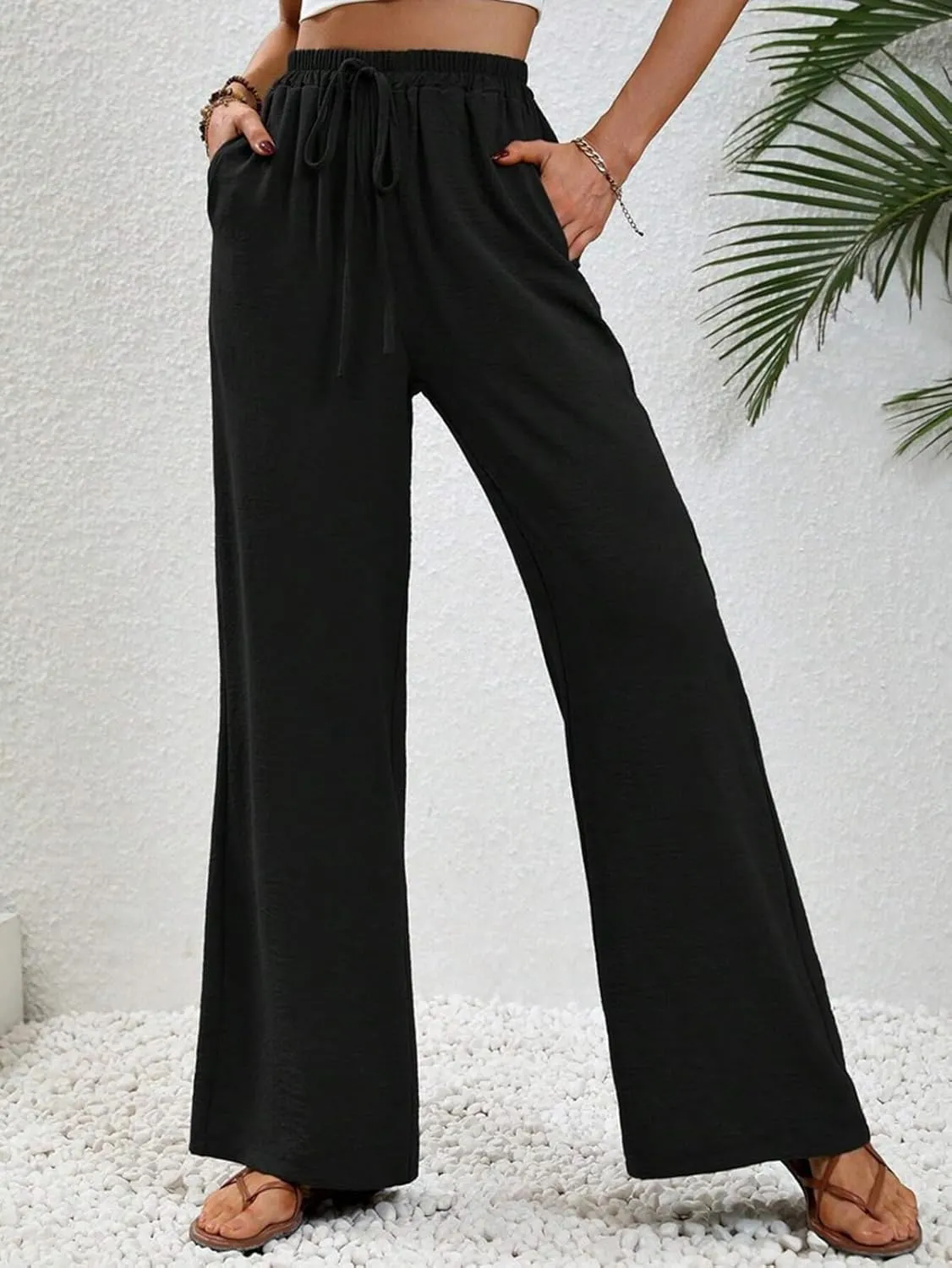 GUOLEZEEV Women Wide Leg Pants High Waisted Beach Pants Long Culottes Trendy Flowy Pants with Pockets