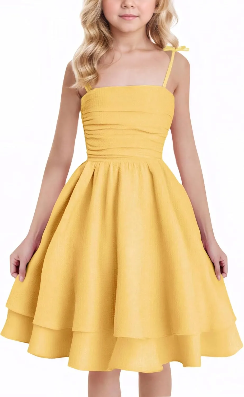 Happy Cherry Girls Spaghetti Strap Smocked Dress Layered Beach Sundress A-Line Midi Dresses 8-12 Years