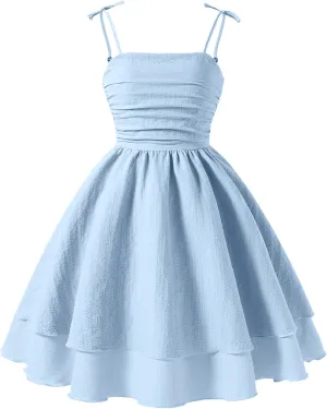 Happy Cherry Girls Spaghetti Strap Smocked Dress Layered Beach Sundress A-Line Midi Dresses 8-12 Years