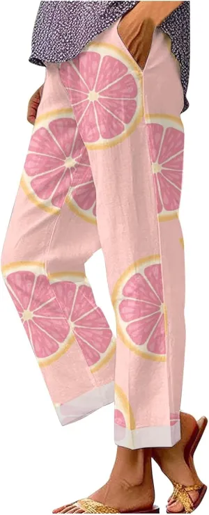 Hawaii Capri Pants for Women Casual Tropical Floral Print Pants Elastic High Waist Drawstring Summer Beach Trousers