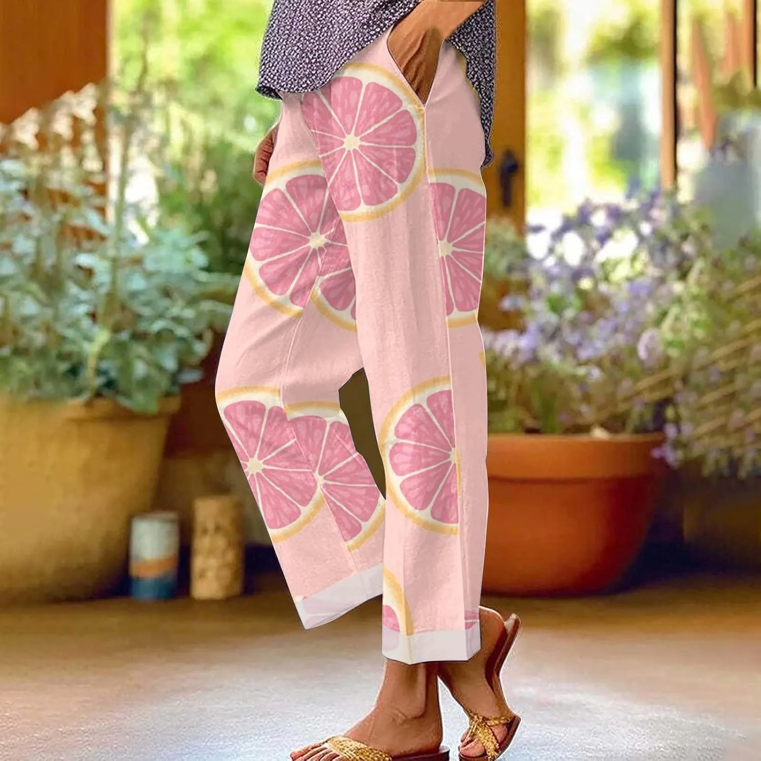 Hawaii Capri Pants for Women Casual Tropical Floral Print Pants Elastic High Waist Drawstring Summer Beach Trousers