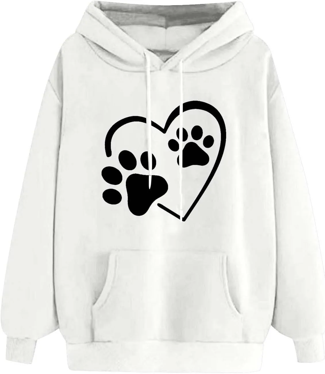 Heart Print Hoodies for Women Drawstring Long Sleeve Cute Oversized Sweatshirt Dog Paw Print Graphic Pullover Tops
