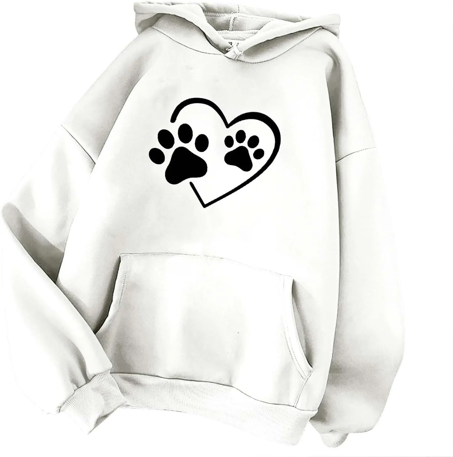 Heart Print Hoodies for Women Drawstring Long Sleeve Cute Oversized Sweatshirt Dog Paw Print Graphic Pullover Tops