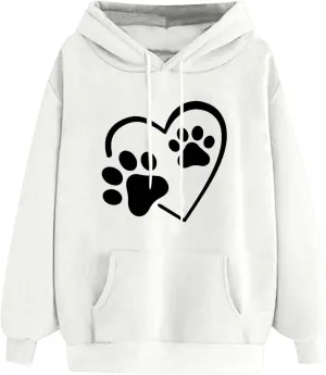 Heart Print Hoodies for Women Drawstring Long Sleeve Cute Oversized Sweatshirt Dog Paw Print Graphic Pullover Tops
