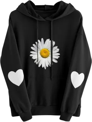 Heevina Hoodie Women Hoodies For Women Daisy Heart Flower Sunflower Printed Hooded Pockets Pullover Sweatshirts Top