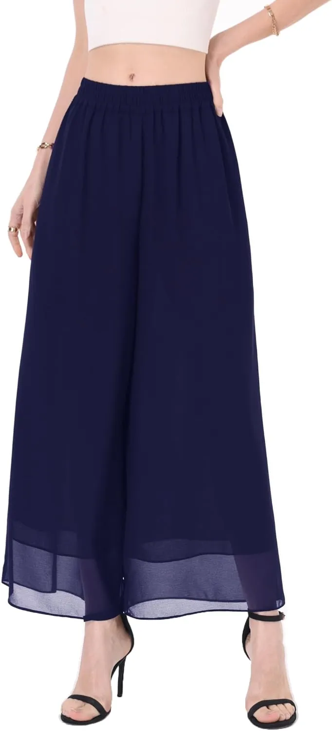 heipeiwa Women's Capris Crop Chiffon Pants Summer Beach Vacation Culottes Casual Dress Wide Leg Palazzo Pants
