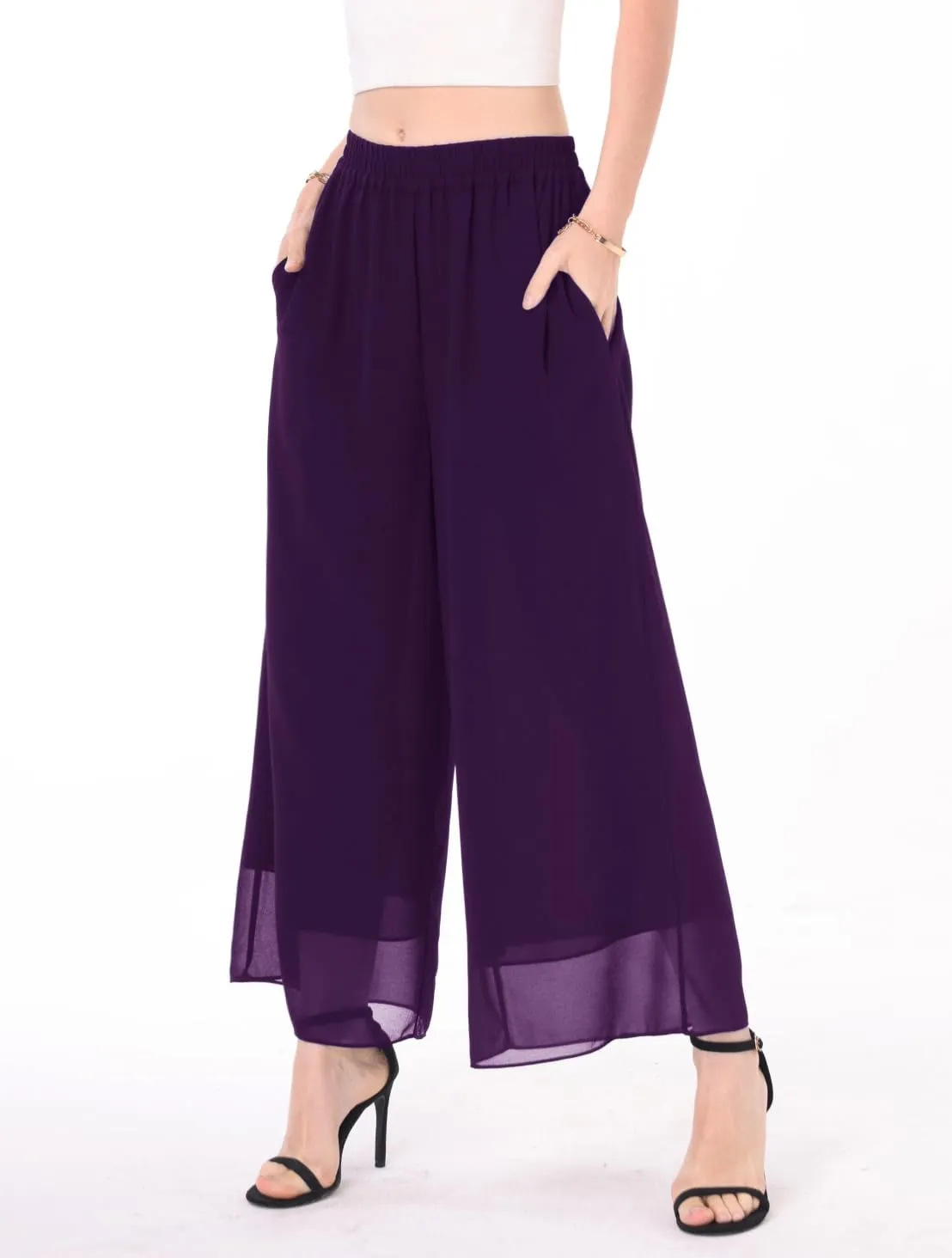 heipeiwa Women's Capris Crop Chiffon Pants Summer Beach Vacation Culottes Casual Dress Wide Leg Palazzo Pants