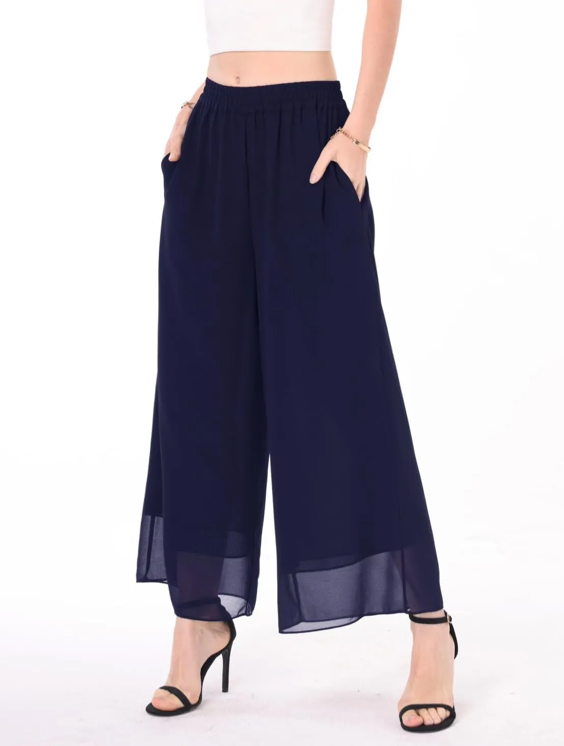 heipeiwa Women's Capris Crop Chiffon Pants Summer Beach Vacation Culottes Casual Dress Wide Leg Palazzo Pants