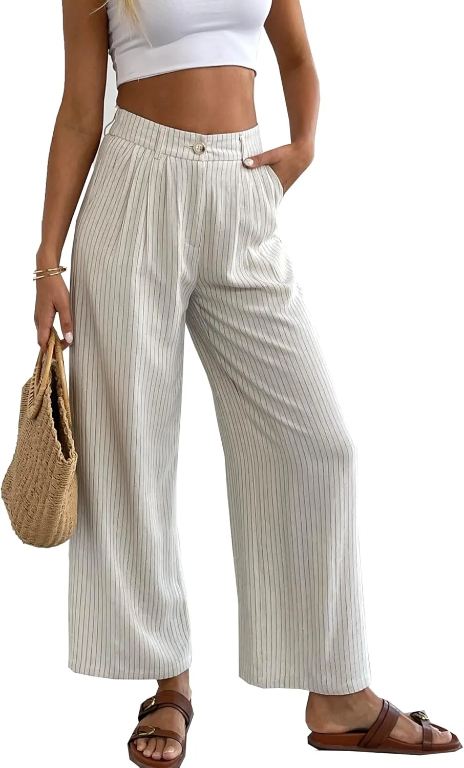 heipeiwa Women's Linen Pants Striped Culottes Summer Wide Leg Trouser Dress Casual Capris