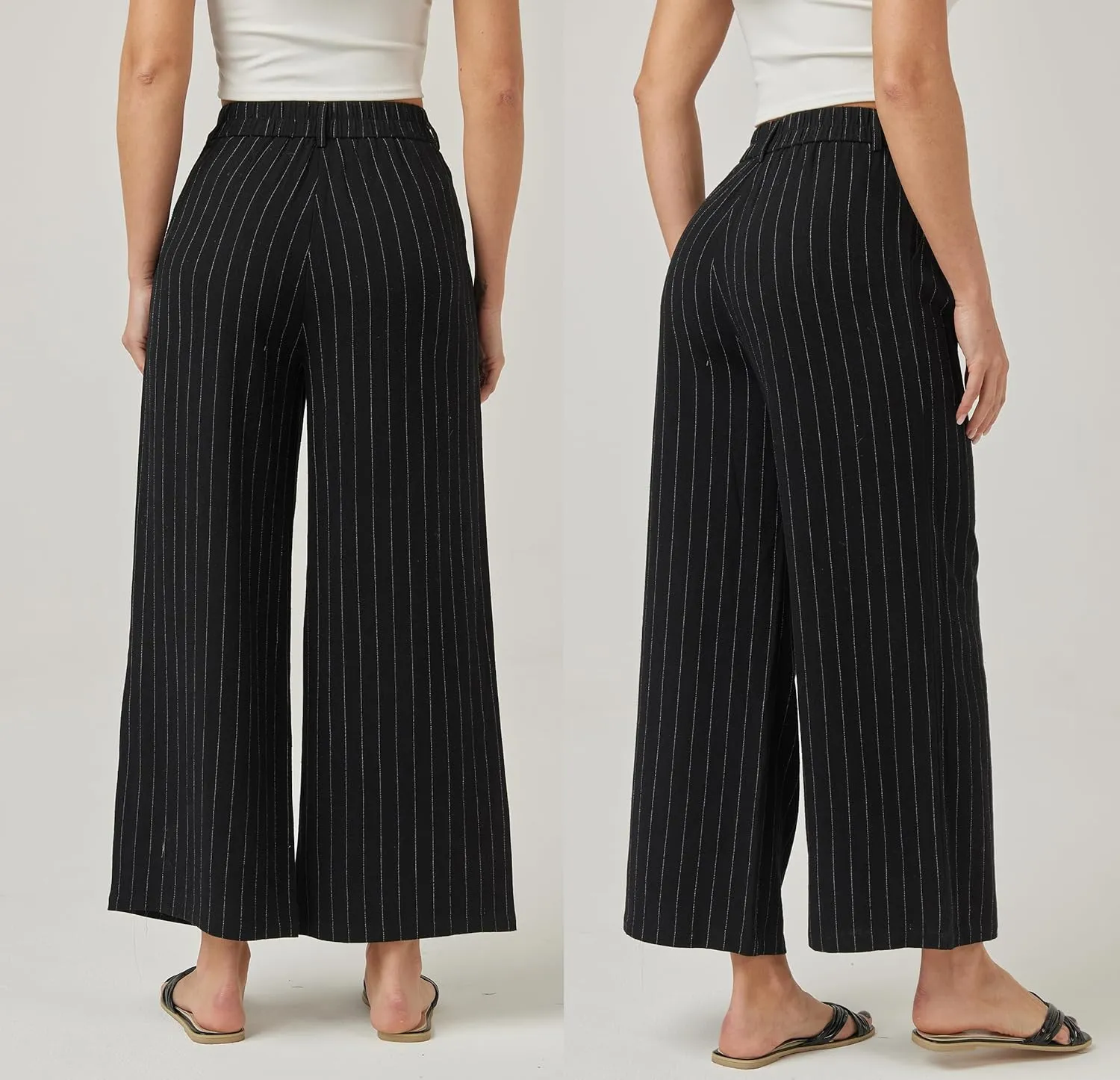 heipeiwa Women's Linen Pants Striped Culottes Summer Wide Leg Trouser Dress Casual Capris