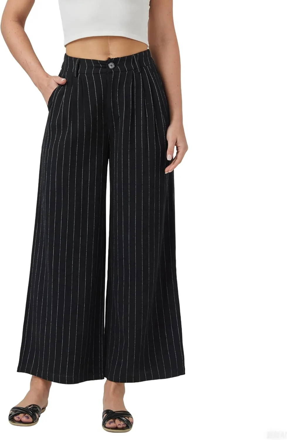 heipeiwa Women's Linen Pants Striped Culottes Summer Wide Leg Trouser Dress Casual Capris