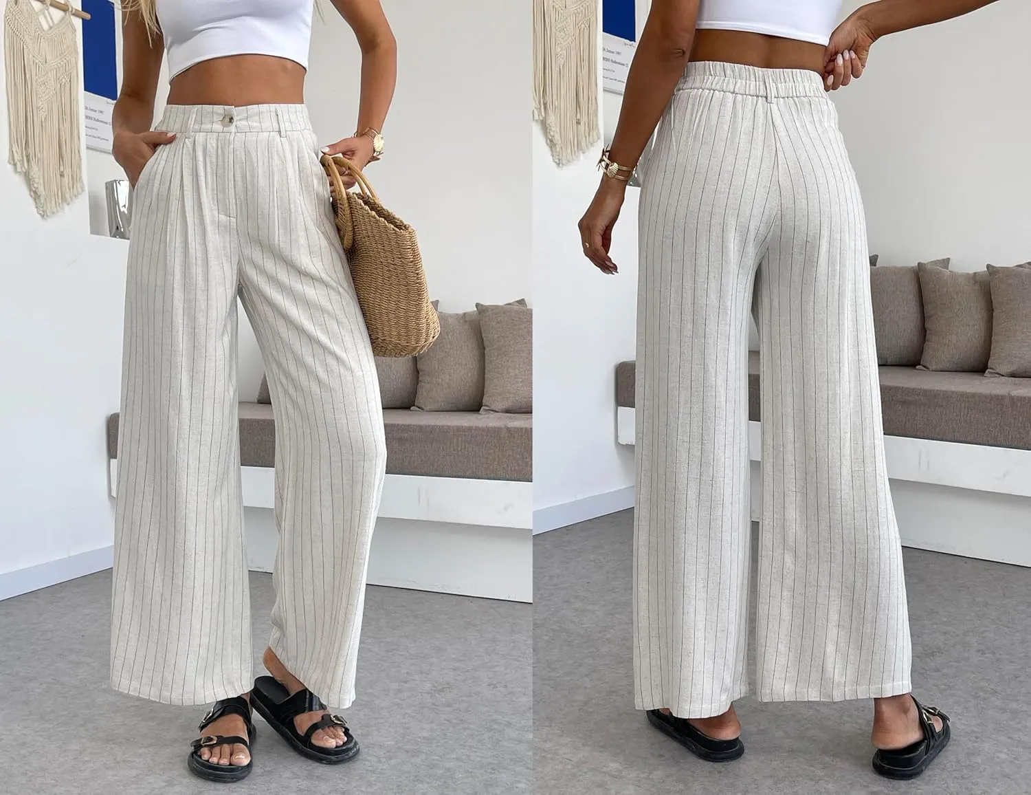 heipeiwa Women's Linen Pants Striped Culottes Summer Wide Leg Trouser Dress Casual Capris