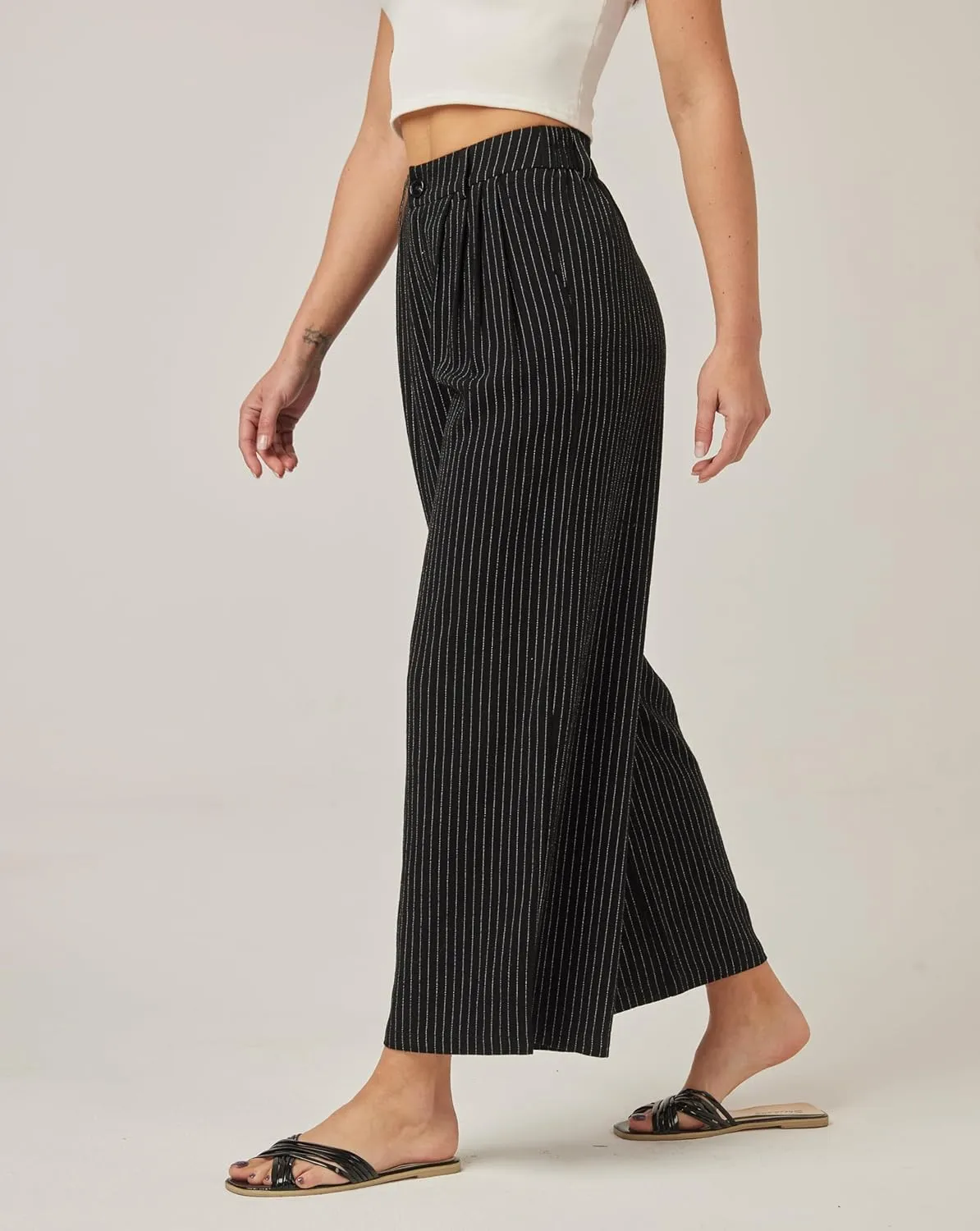 heipeiwa Women's Linen Pants Striped Culottes Summer Wide Leg Trouser Dress Casual Capris