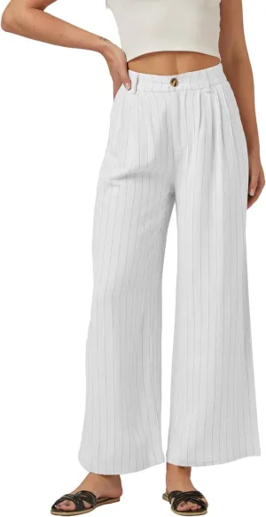 heipeiwa Women's Linen Pants Striped Culottes Summer Wide Leg Trouser Dress Casual Capris
