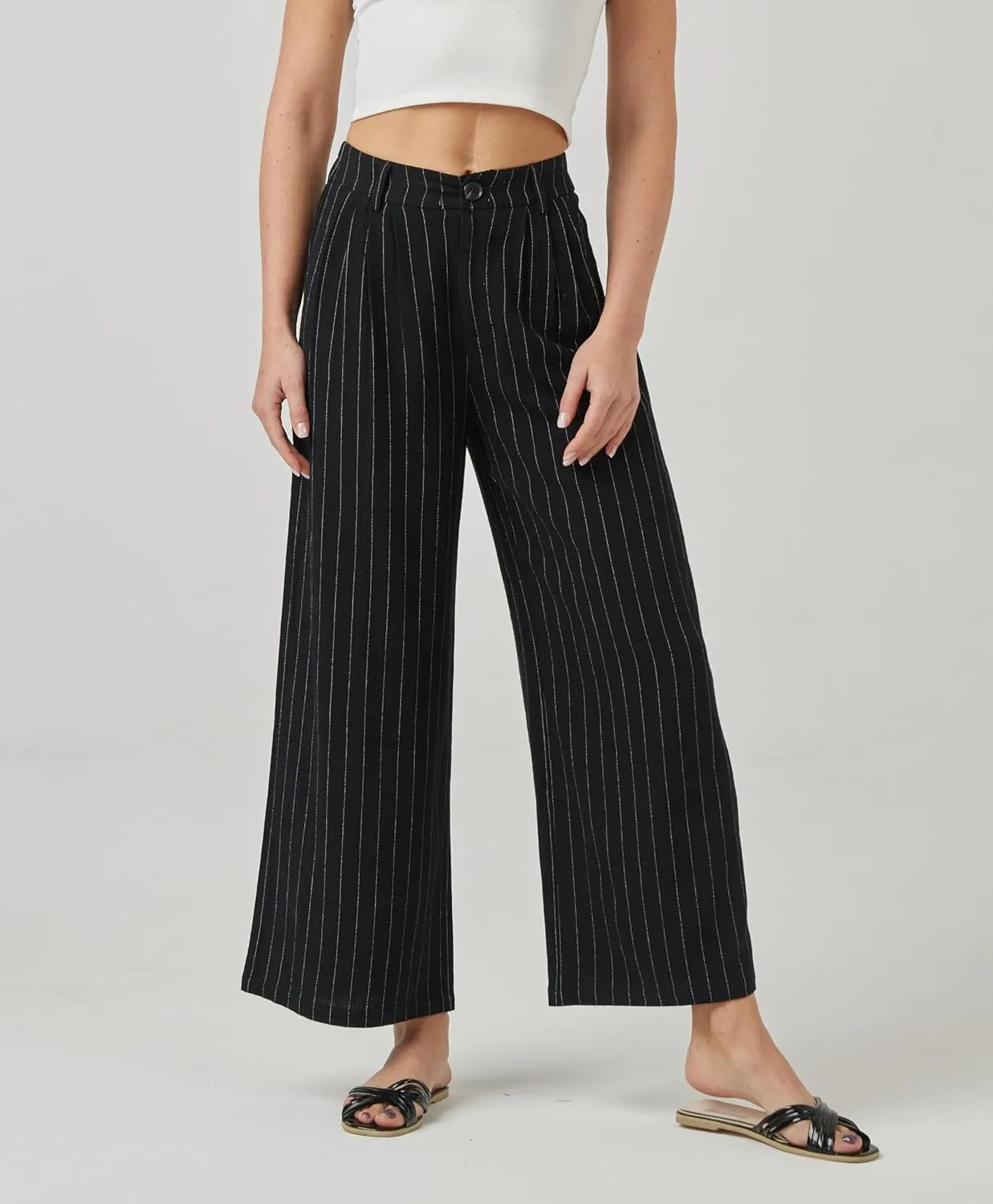 heipeiwa Women's Linen Pants Striped Culottes Summer Wide Leg Trouser Dress Casual Capris