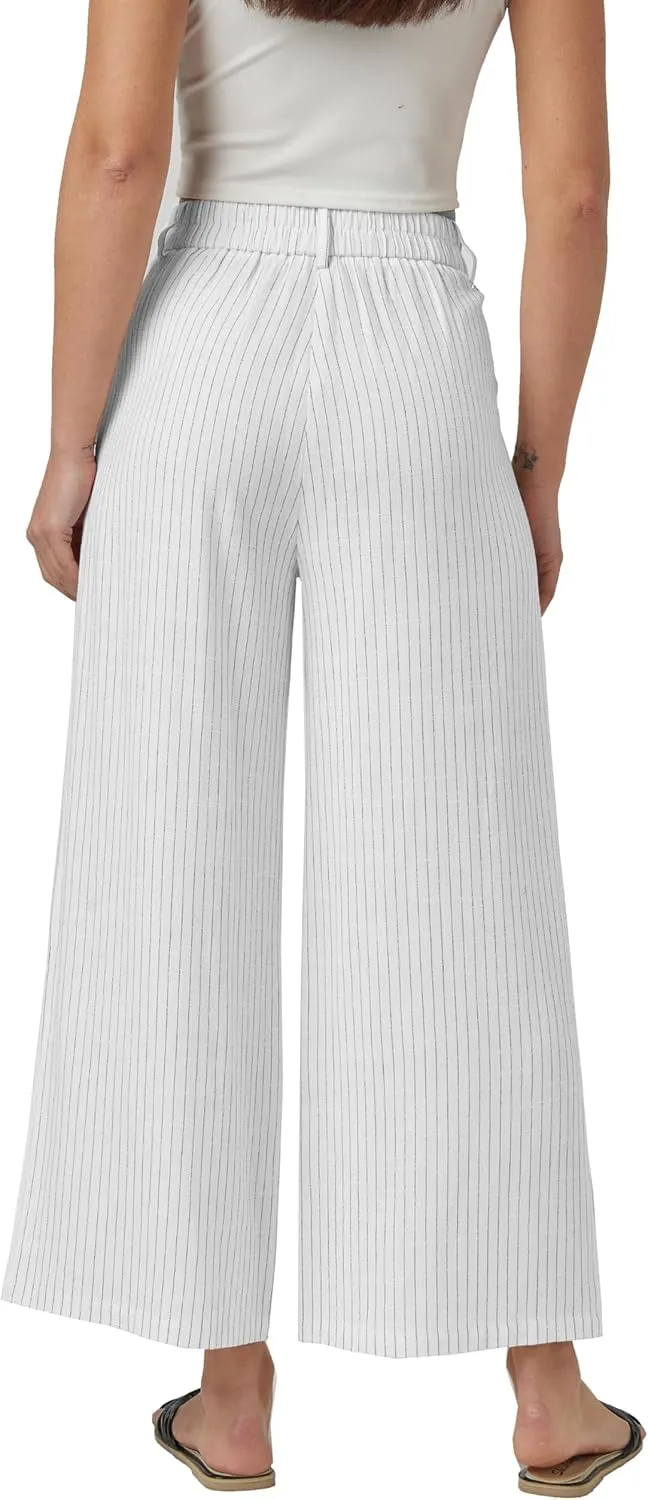 heipeiwa Women's Linen Pants Striped Culottes Summer Wide Leg Trouser Dress Casual Capris