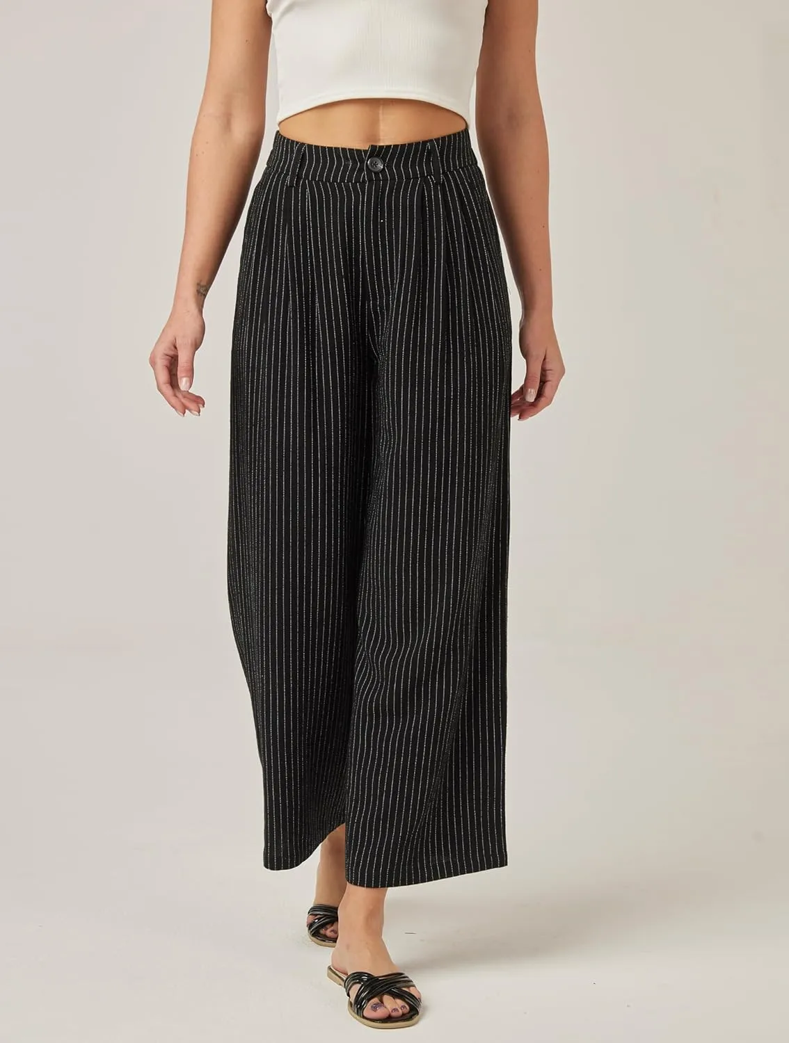 heipeiwa Women's Linen Pants Striped Culottes Summer Wide Leg Trouser Dress Casual Capris