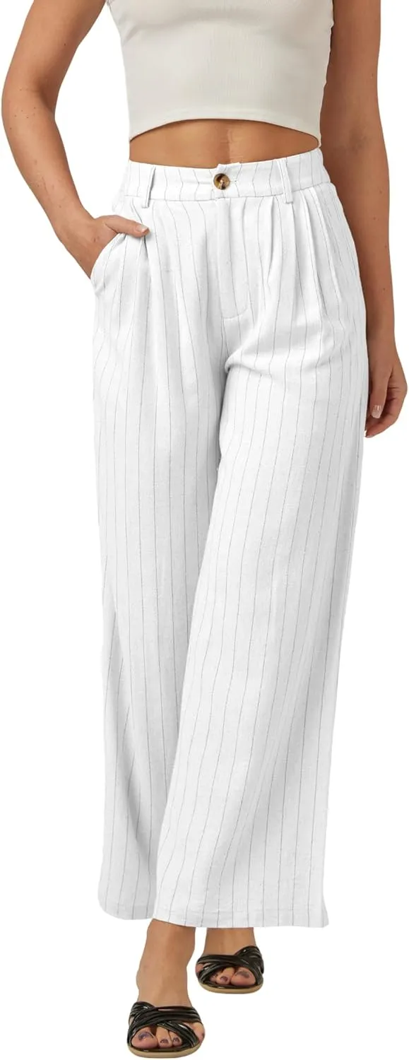 heipeiwa Women's Linen Pants Striped Culottes Summer Wide Leg Trouser Dress Casual Capris
