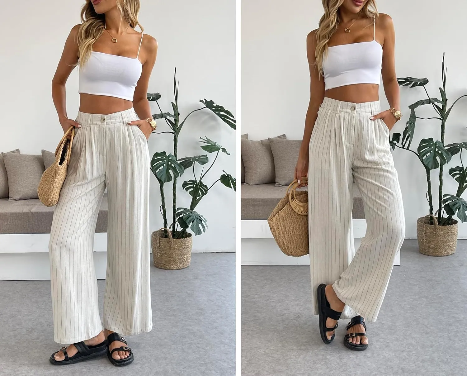 heipeiwa Women's Linen Pants Striped Culottes Summer Wide Leg Trouser Dress Casual Capris