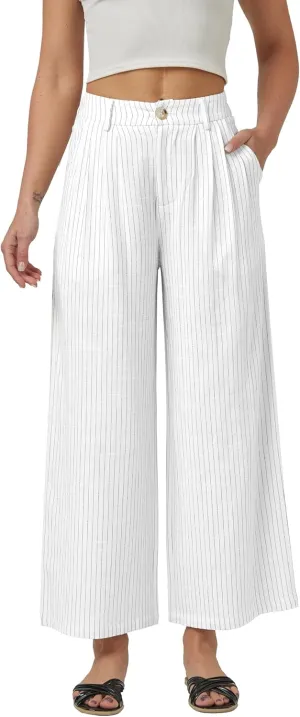 heipeiwa Women's Linen Pants Striped Culottes Summer Wide Leg Trouser Dress Casual Capris